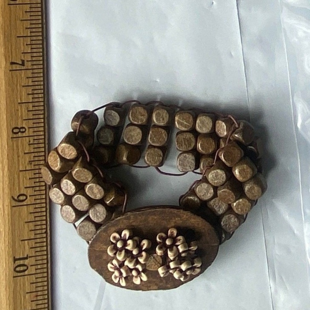 Boho Wooden Beaded Bracelet Floral Wood Oval Charm Stretch Bangle